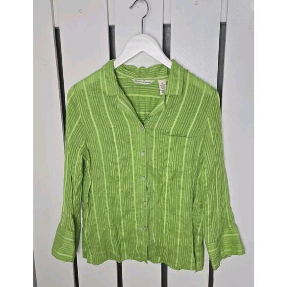 French Laundry Silk Linen Blend Button Up Lime Green Striped Y2K Shirt Womens M‎ - Picture 1 of 9